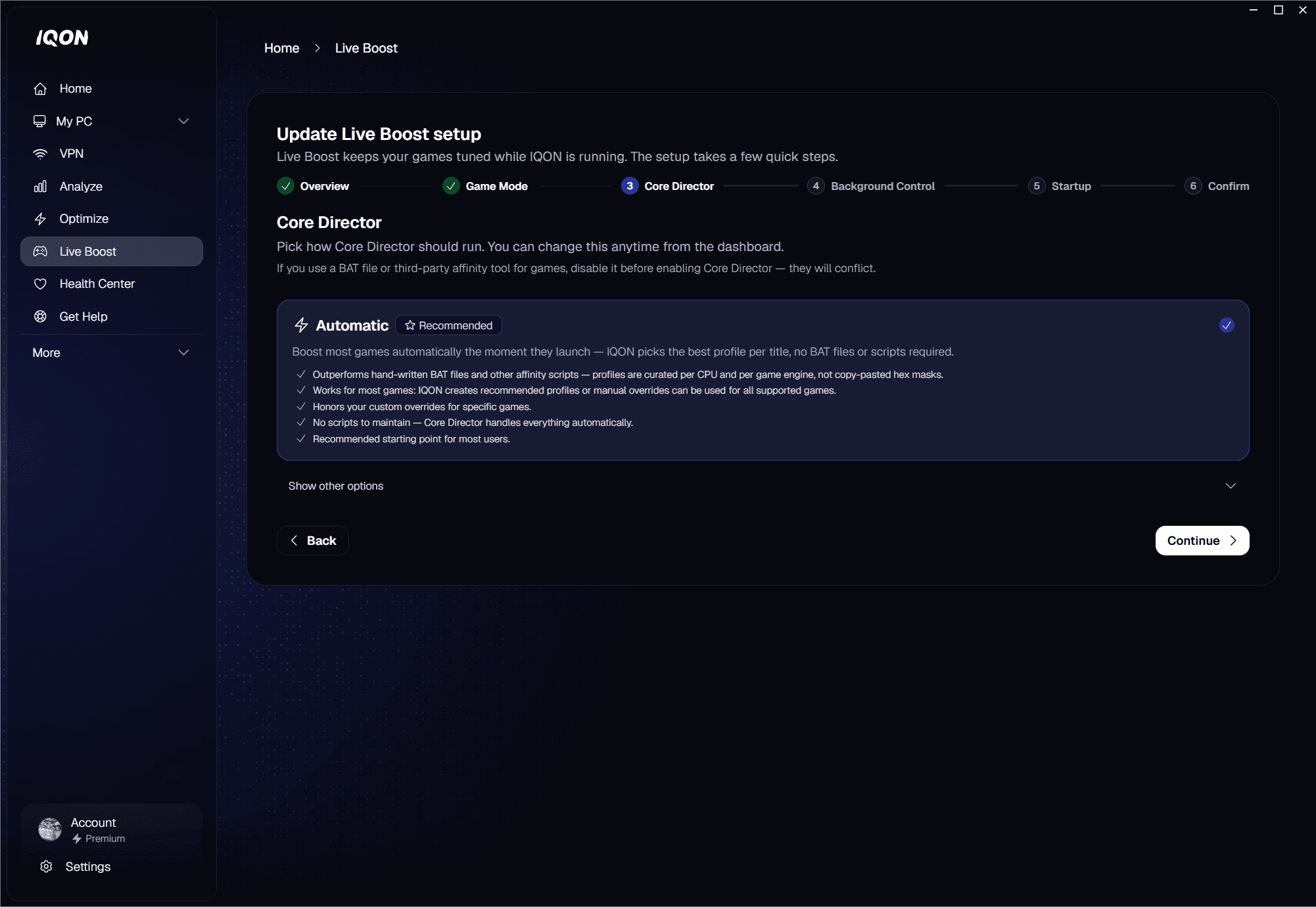 Core Director mode picker with Automatic selected