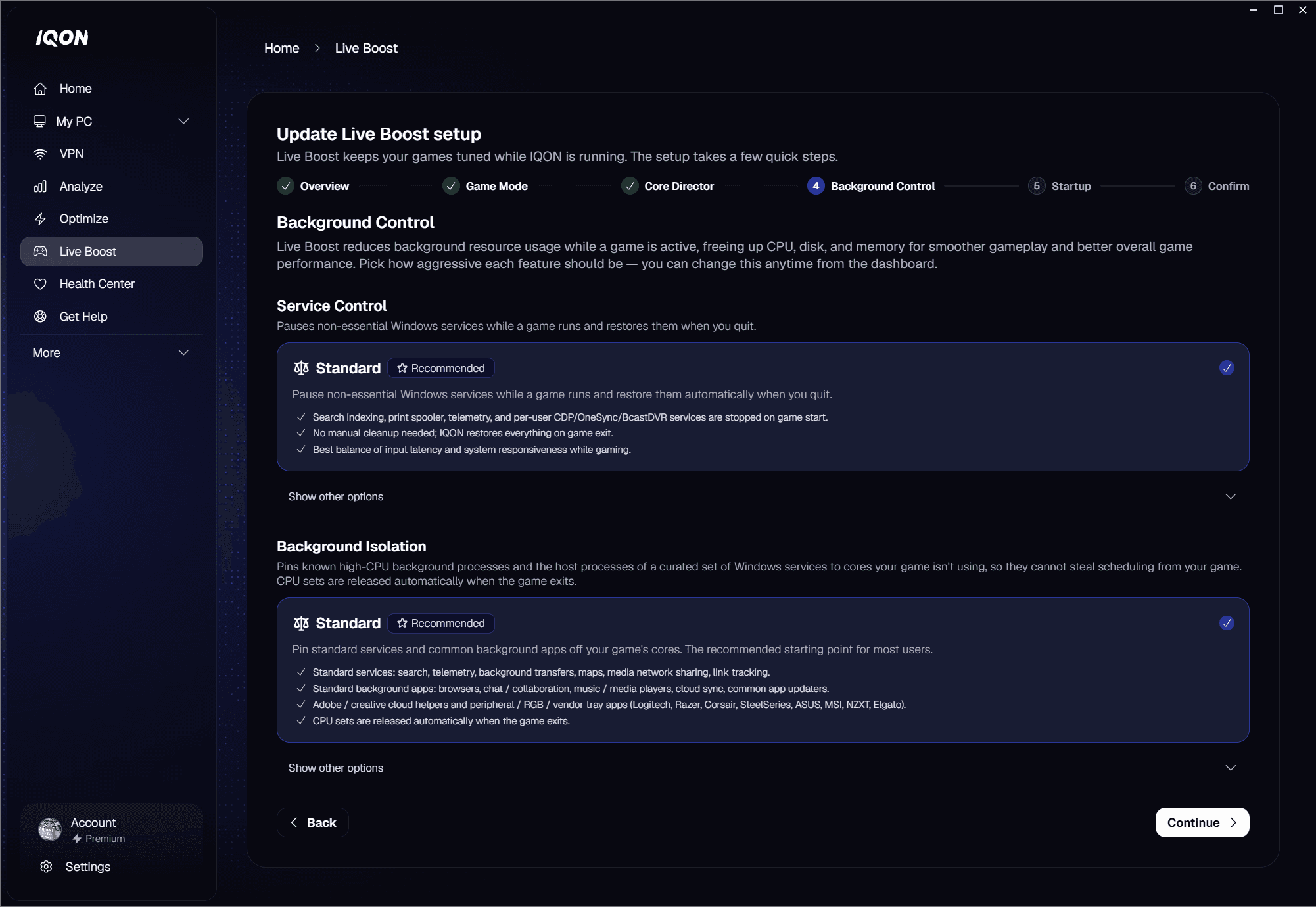 Background Control presets with Standard selected