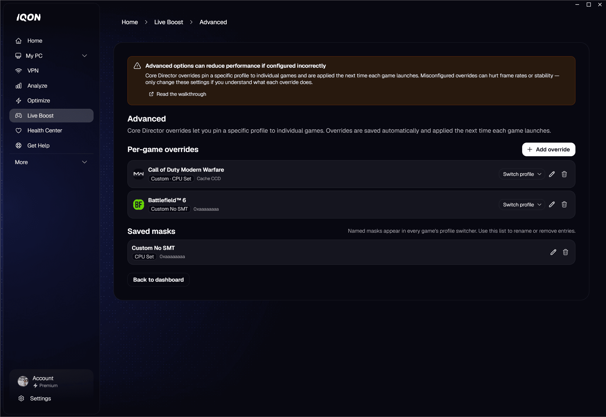 Advanced overrides list with one row expanded to show Switch profile menu