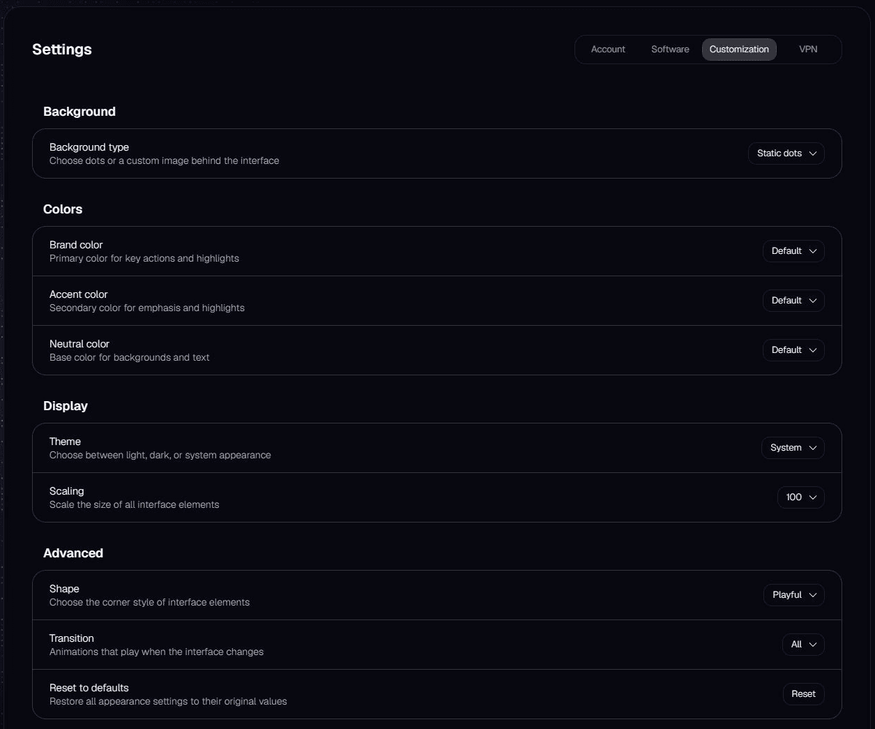 IQON refreshed native Customization settings with Background, Colors, Display, and Advanced sections.
