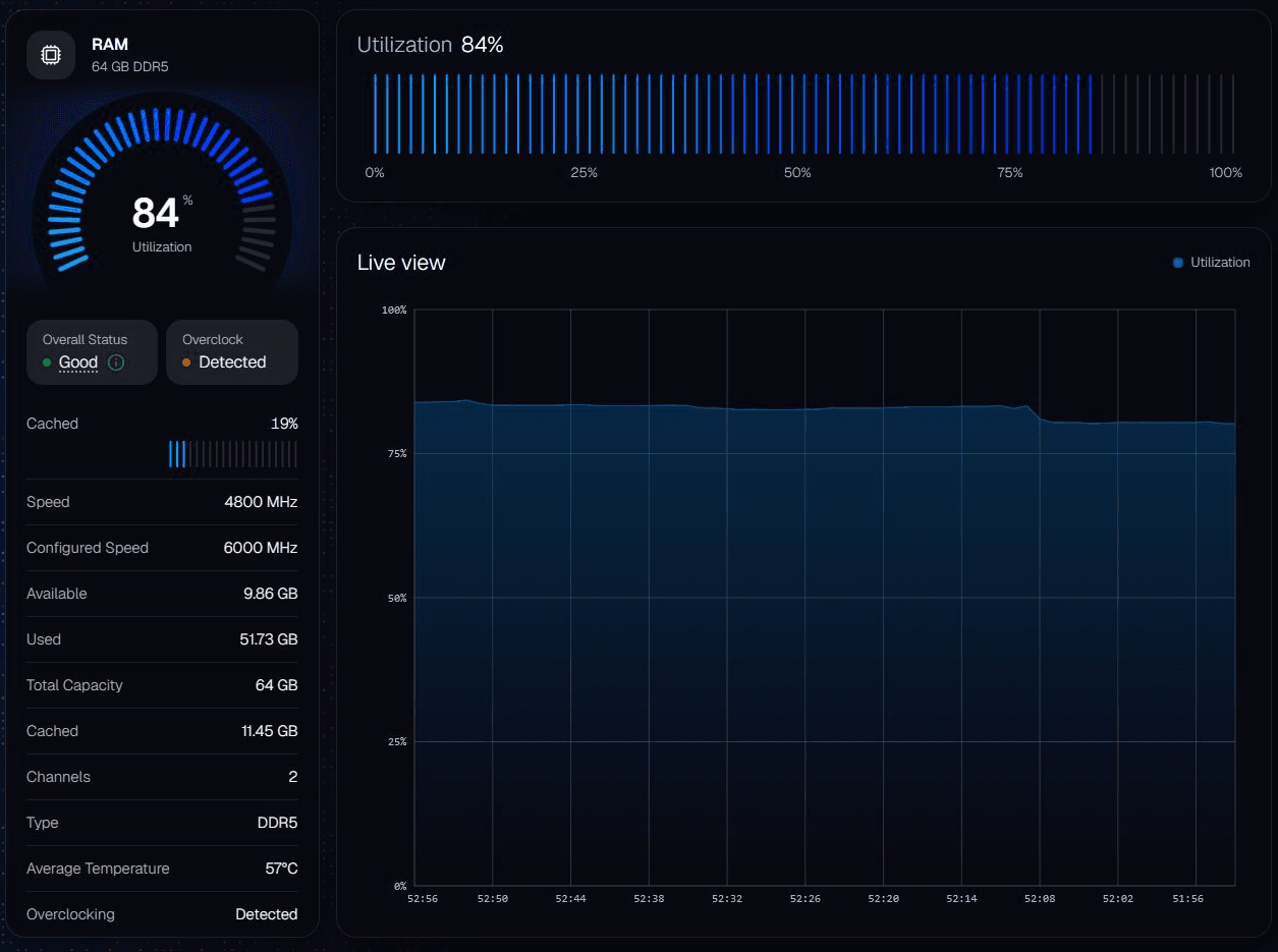 IQON native RAM page showing memory usage, capacity, speed, and live utilization graph.