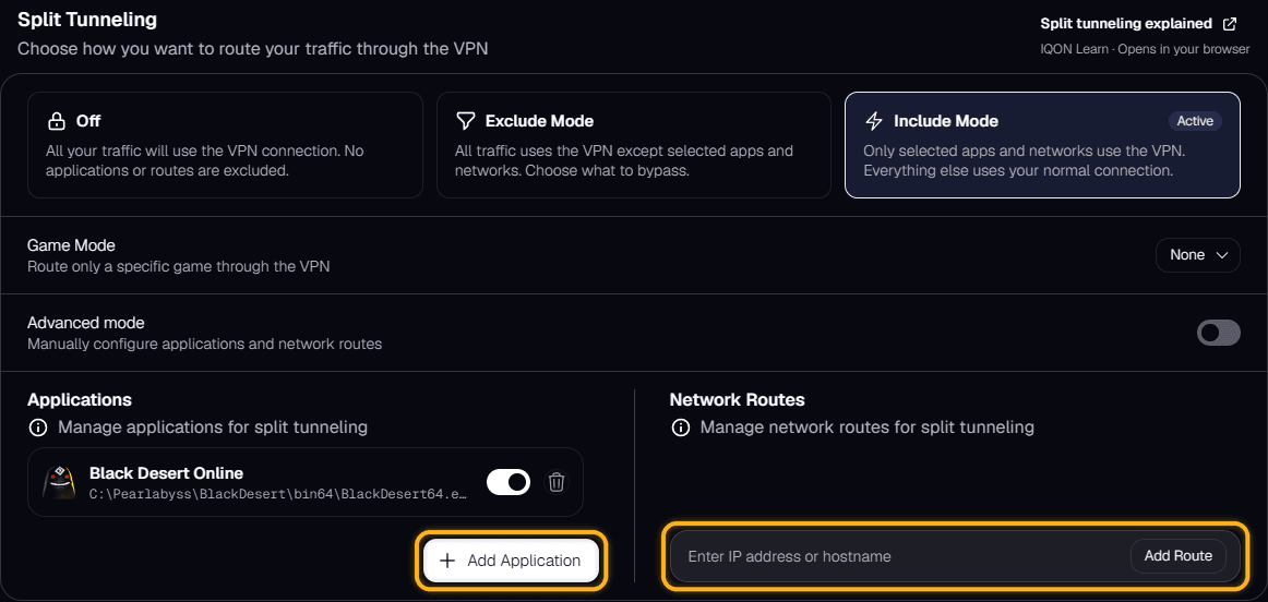 IQON Split Tunneling in Include Mode with Add Application and the network route field highlighted.