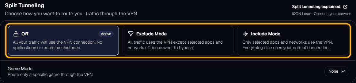 IQON Settings VPN Split Tunneling section with the Off, Exclude Mode, and Include Mode options highlighted.