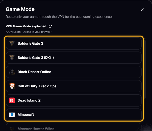 IQON Game Mode dialog listing installed games to route through the VPN.