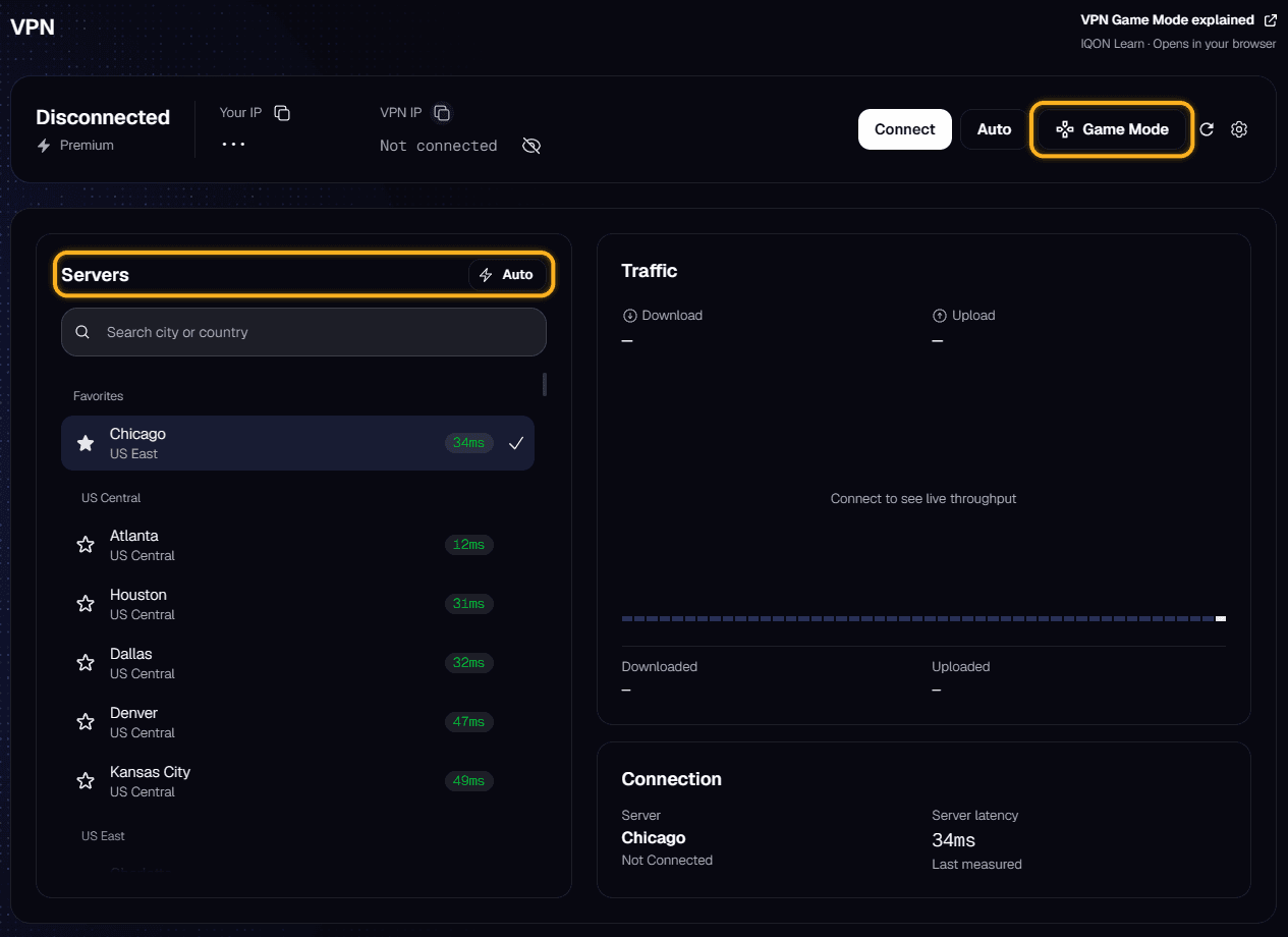 IQON VPN page with the Game Mode button and the Servers list highlighted.