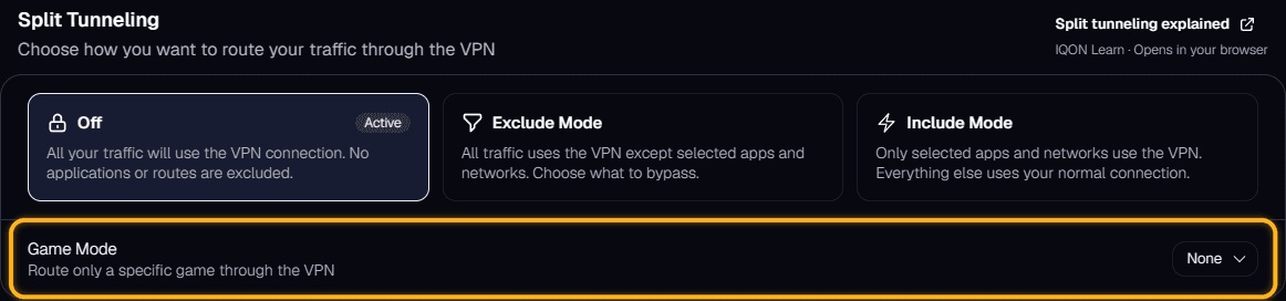 IQON Settings VPN Split Tunneling section with the Game Mode dropdown highlighted.