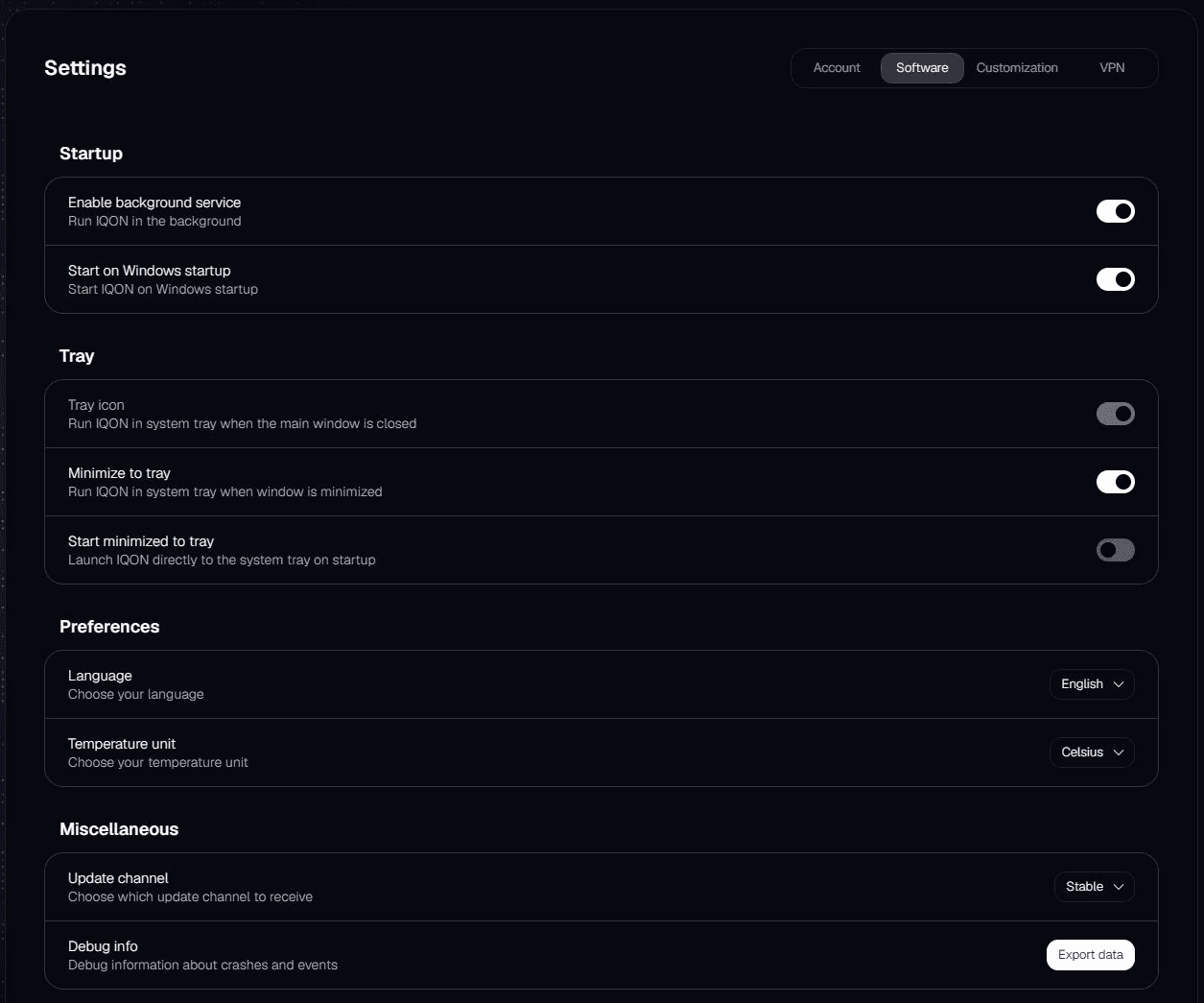IQON native Software settings with startup, tray, language, temperature unit, update channel, and debug export controls.