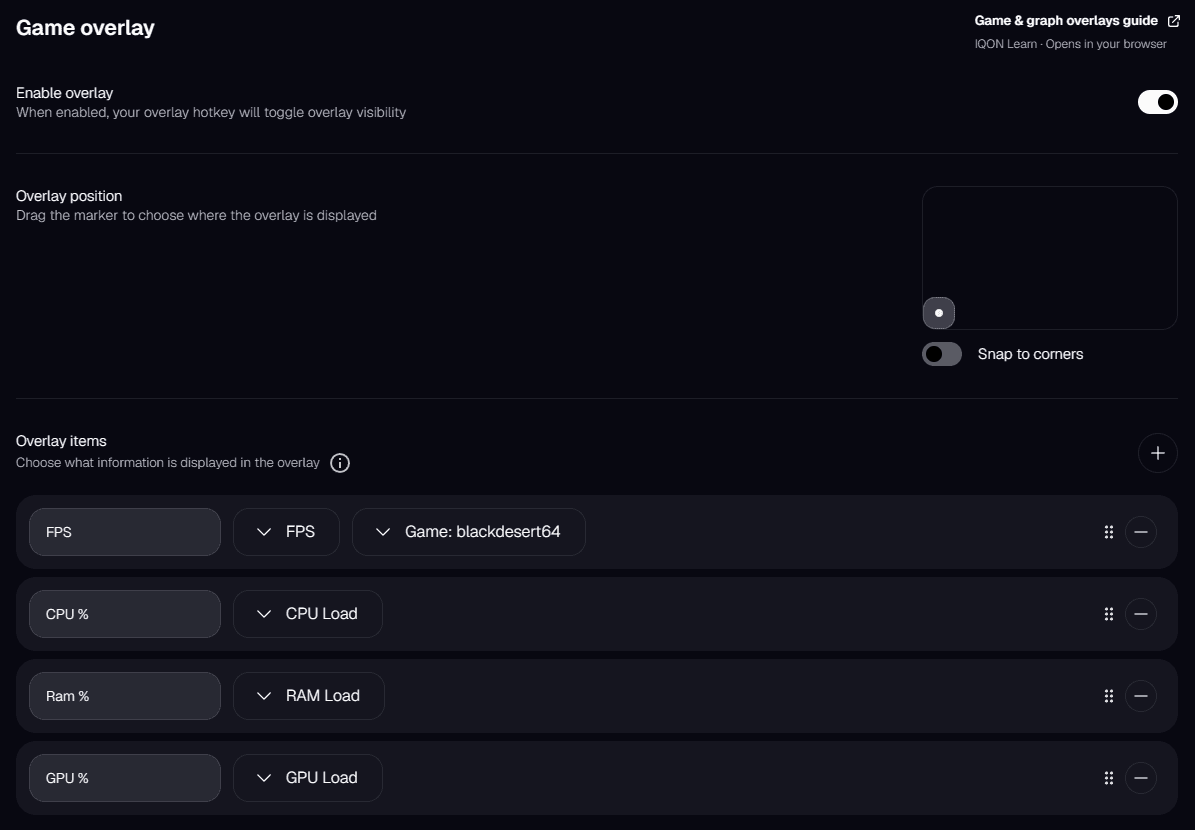 IQON Game overlay settings with the enable switch, overlay position marker, and overlay items.