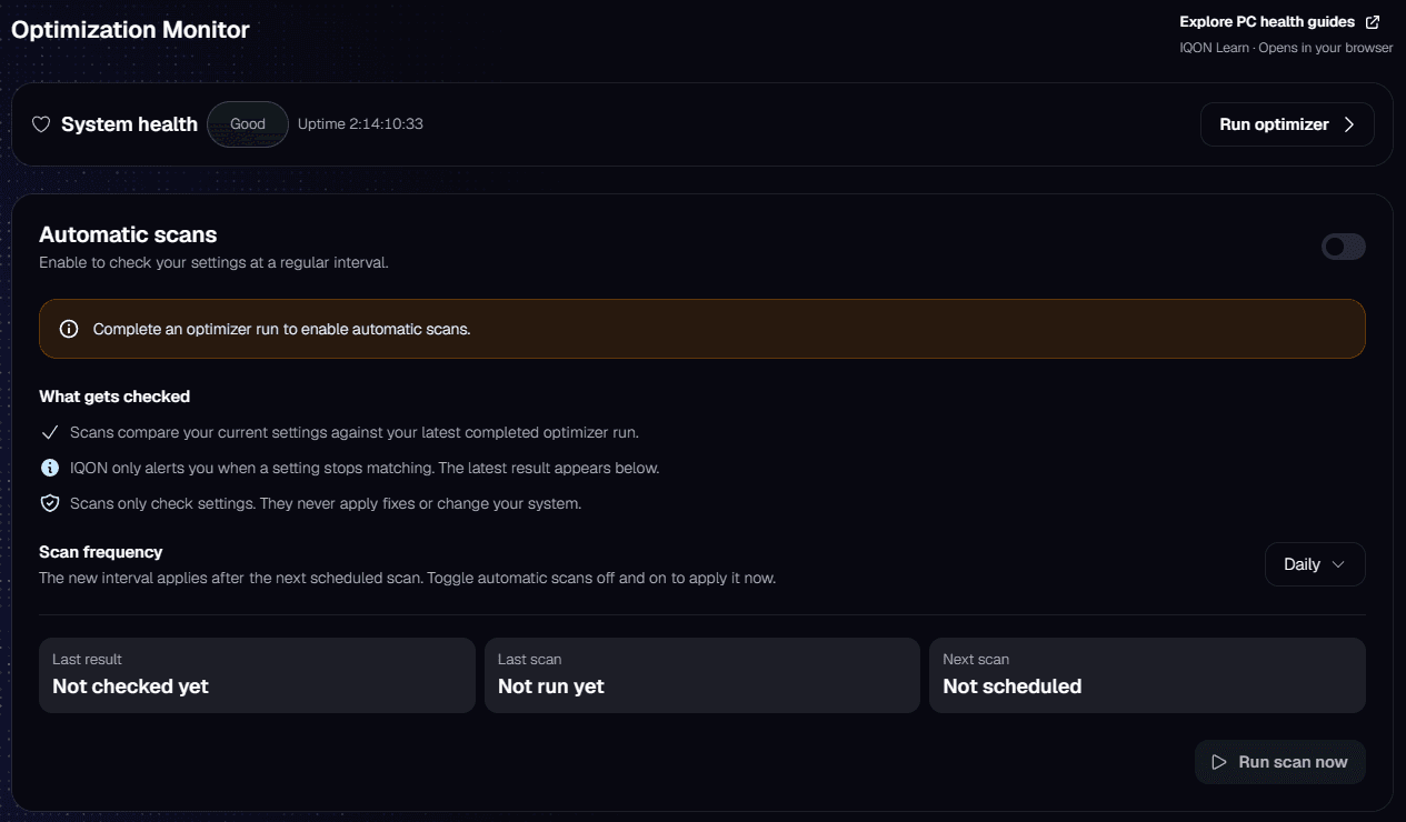 IQON Health Center Optimization Monitor page with Automatic scans, what gets checked, scan frequency, and Run scan now.