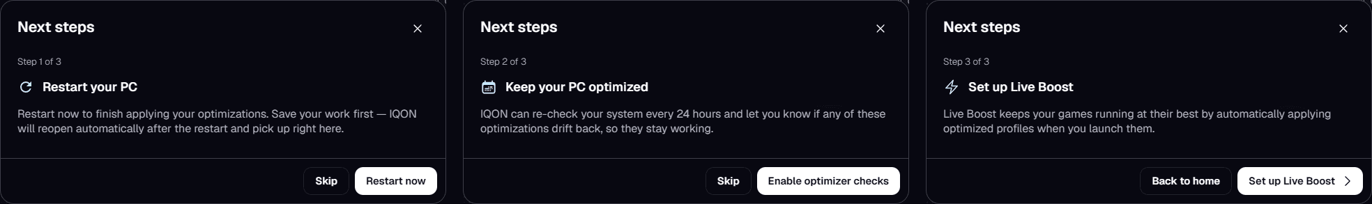 IQON Next steps window after the optimizer finishes: Restart your PC, Keep your PC optimized, and Set up Live Boost.