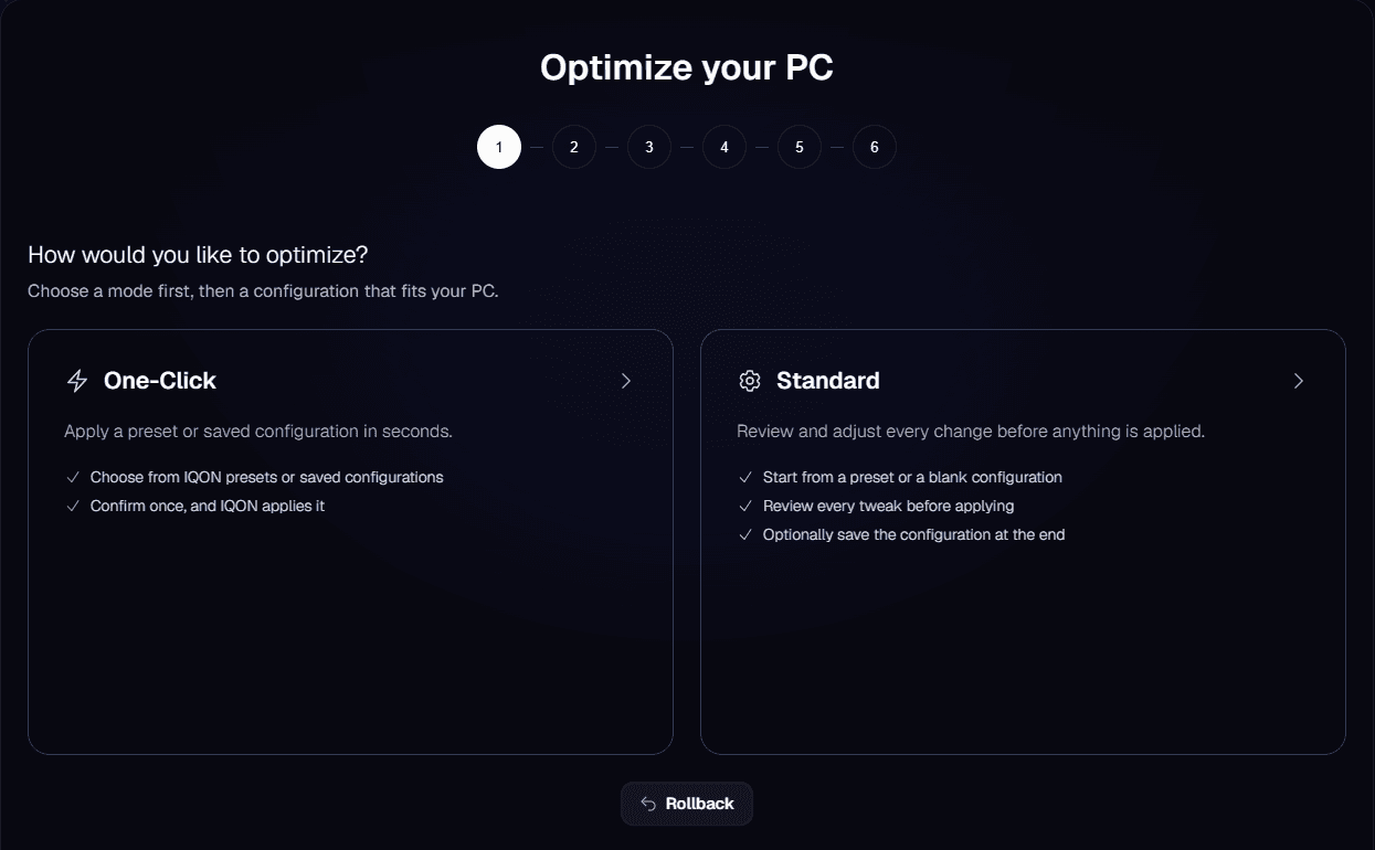 IQON Optimize screen asking how you would like to optimize, with One-Click and Standard mode cards.
