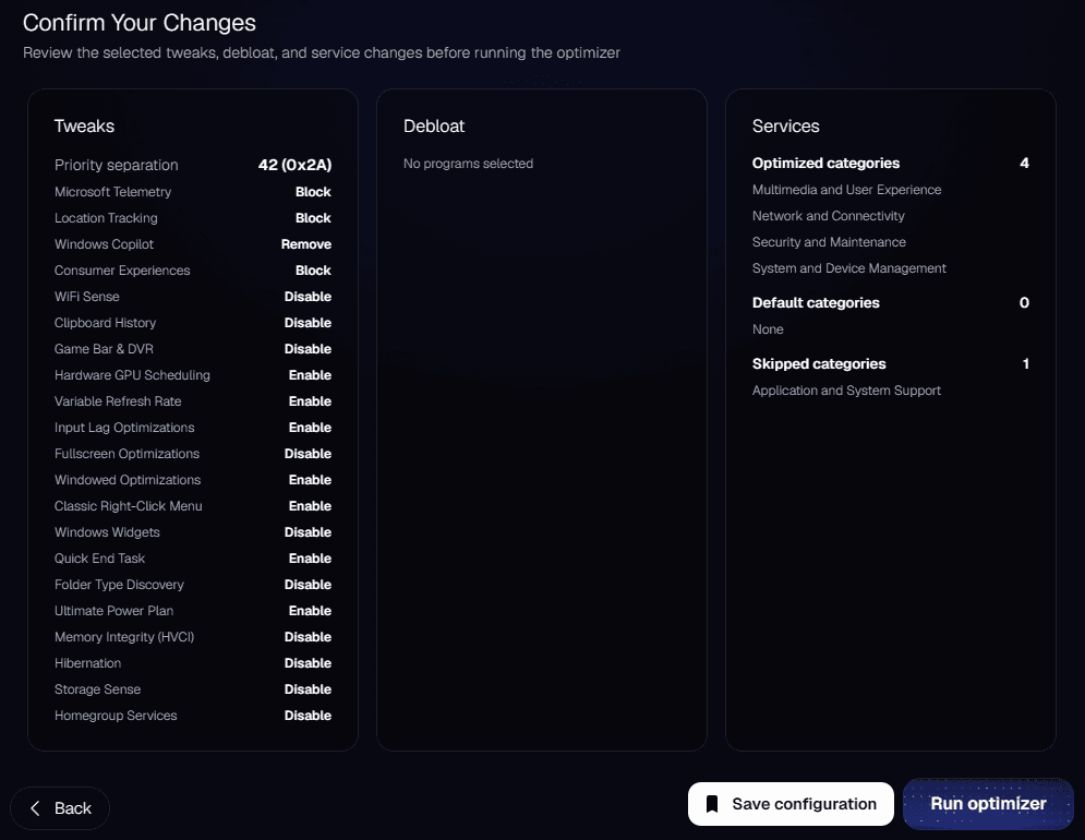 IQON Confirm Your Changes screen with Save configuration and Run optimizer buttons.