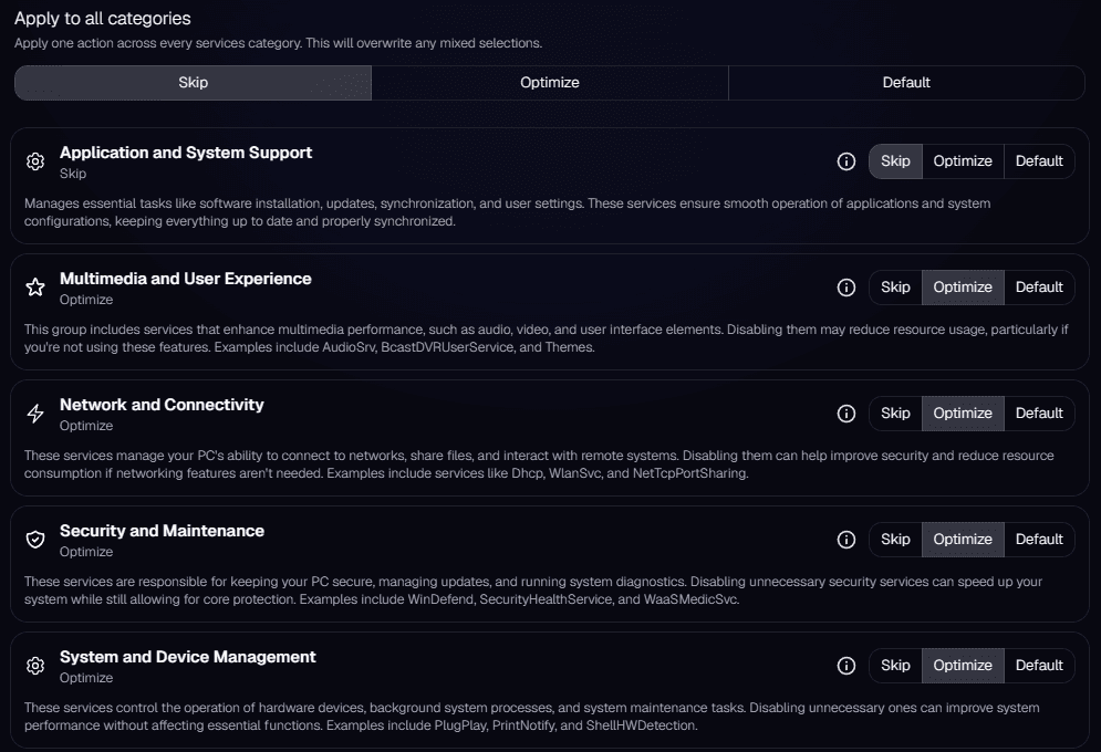 IQON Services step with Skip, Optimize, and Default choices for each service category.
