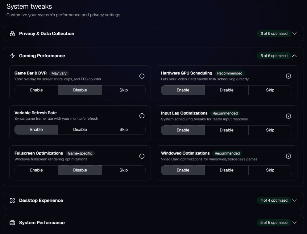IQON System tweaks step with Gaming Performance expanded and Enable, Disable, and Skip choices.