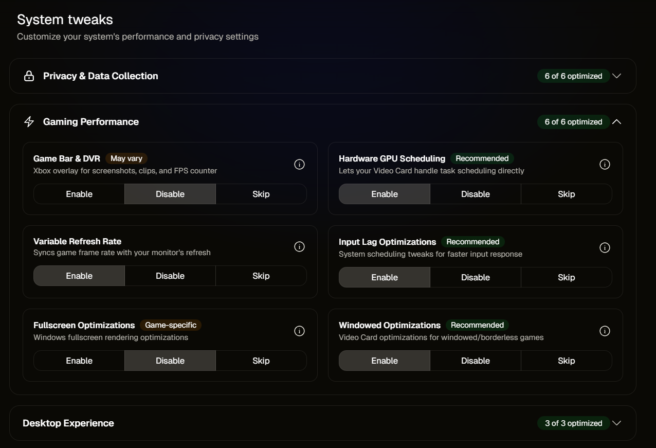IQON optimizer settings — every change explained with tooltips and metrics
